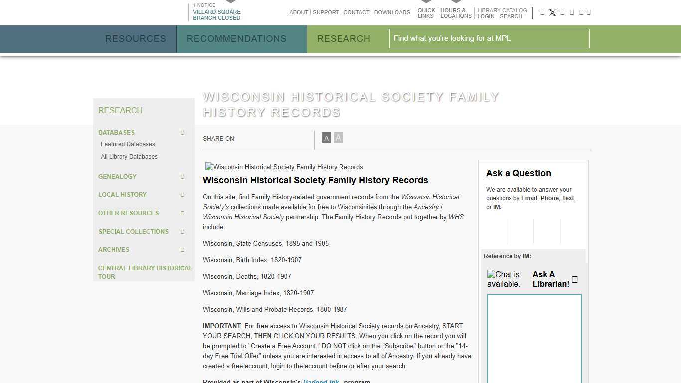 Wisconsin Historical Society Family History Records · MPL