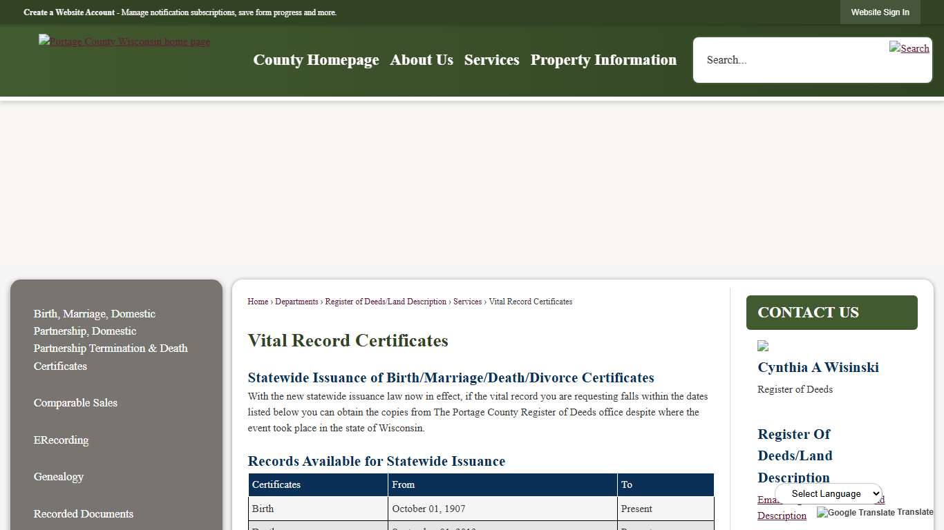Vital Record Certificates Portage County, WI